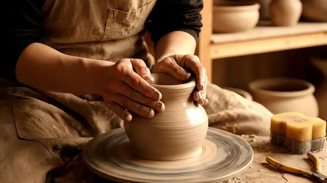 Headless Shot of Potter's Hands Shaping Clay on Pottery Wheel