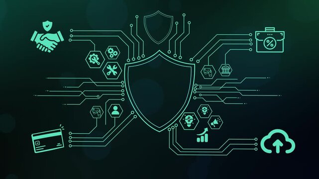 Cybersecurity shield network background with glowing digital circuit lines for fintech cloud data security and financial compliance protection.