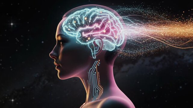 Futuristic digital illustration of a human brain with glowing neural connections and data streams