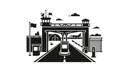 Obraz premium Airport security checkpoint with airplane in background, vector illustration