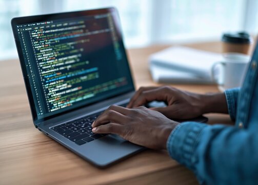 Developer and programmer coding software on a laptop in a modern office technology