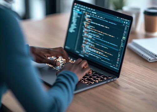 Developer working on a laptop with software coding on screen in a modern workspace