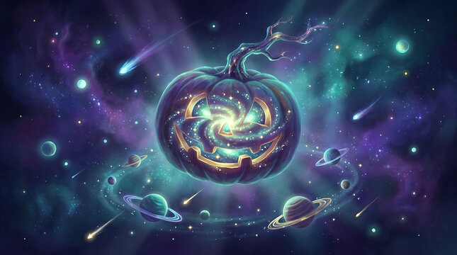 Glowing jack o lantern in space with planets and stars, A cosmic Halloween scene with a spiral galaxy inside the pumpkin