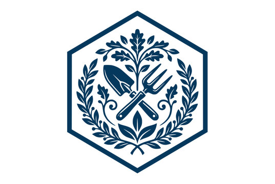 Gardening emblem with shovel and fork surrounded by leaves