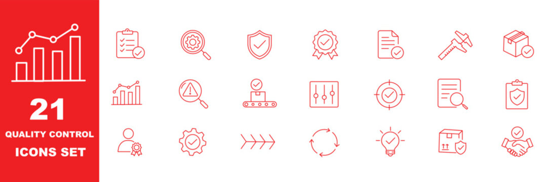 Set of 21 Quality Control line icons set. Quality Control outline icons with editable stroke collection. Includes Quality Check, Inspection, Evaluation, Production, Improvement and More.