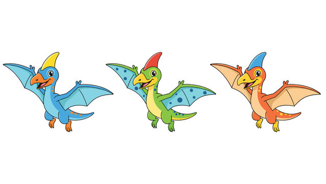 Three cartoon pterodactyls in blue, green, and orange, flying with wings spread.