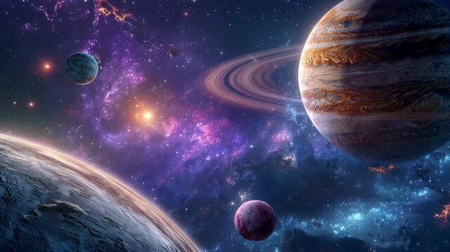 Stunning Deep Space Galaxy with Ringed Planets, Colorful Nebula, and Cosmic Wonders