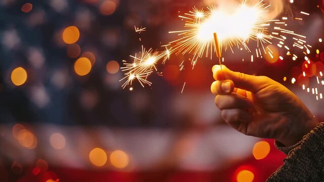 Hand Holding a Glowing Sparkler with Golden Bokeh Lights for a Magical Celebration