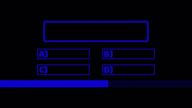 Blue quiz panel with four answer choices and a progress bar appears on black for tests surveys, knowledge checks and interactive challenges.
