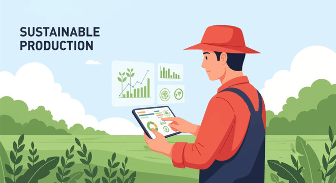 Vector illustration of a farmer in red hat using a digital tablet for sustainable production analysis in a field, featuring holographic data charts and green agricultural landscape.