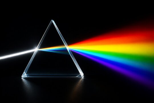 A beam of light passes through a clear prism and forms a rainbow spectrum on one side. The background is dark, making the colors bright and clear.