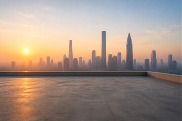 Obraz premium The sun sets behind a city skyline filled with tall buildings. The last light of the day shines over the horizon. A rooftop area is empty and open to the view.