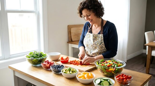 Woman preparing fresh colorful salad ingredients for healthy meal