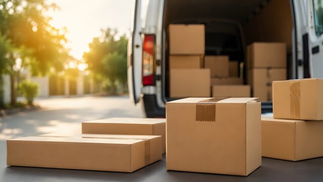 Parcel delivery service concept showing cardboard boxes ready for transport outside commercial courier van during sunset