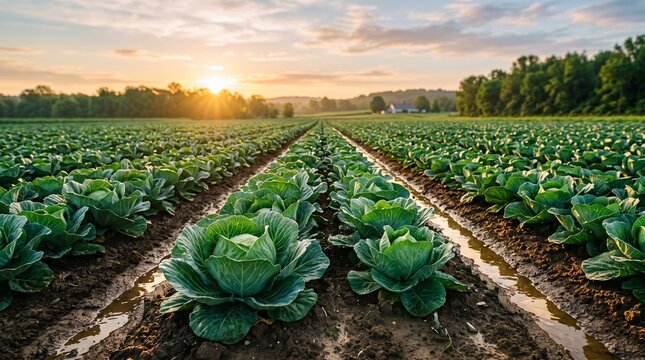 Rows of Fresh Green Cabbages Growing in a Farm Field at Sunset with Golden Sunlight