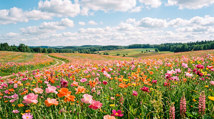 Obraz premium Bright field of colorful wildflowers under blue summer sky.