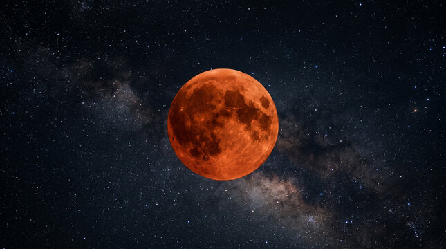 Blood moon lunar eclipse in the starry night sky with Milky Way.