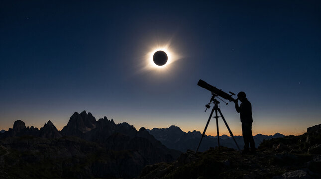 Astronomer watching solar eclipse with mountain telescope silhouette.