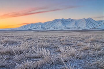 Naklejka premium Snow blankets the mountains as grass is covered in frost. The sun sets, casting warm colors in the sky above the cold terrain in a remote area.