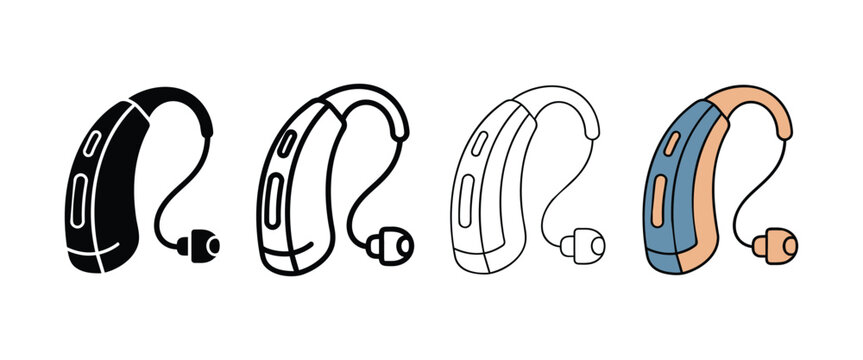 Collection of four hearing aid icons in various styles representing auditory assistance technology