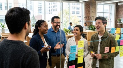 Obraz premium A group of diverse people discussing and standing in an office with sticky notes.