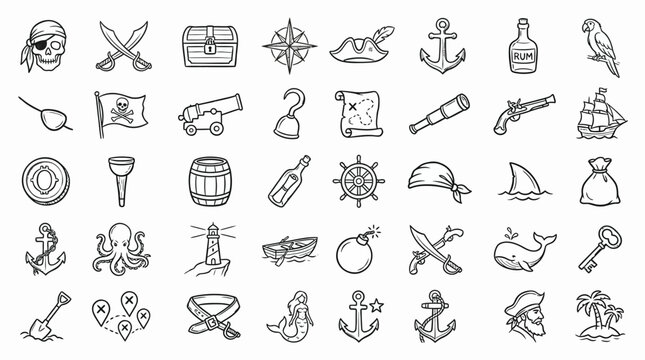 Collection of hand-drawn pirate-themed icons and symbols, perfect for adventure and nautical designs.