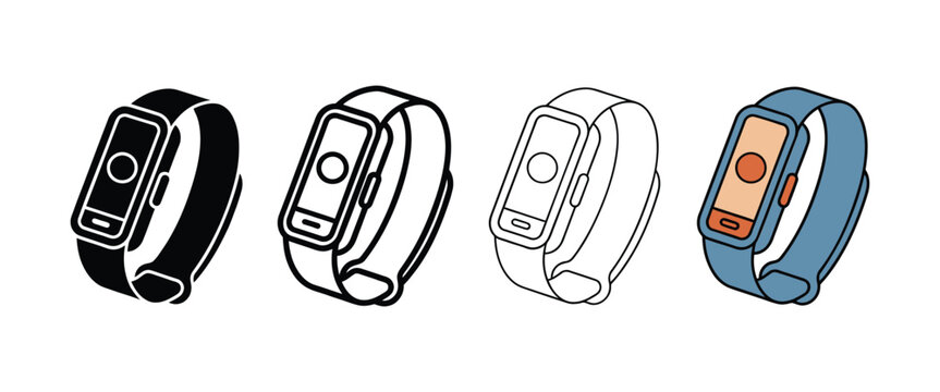 Four distinct styles of fitness trackers with digital displays and wristbands