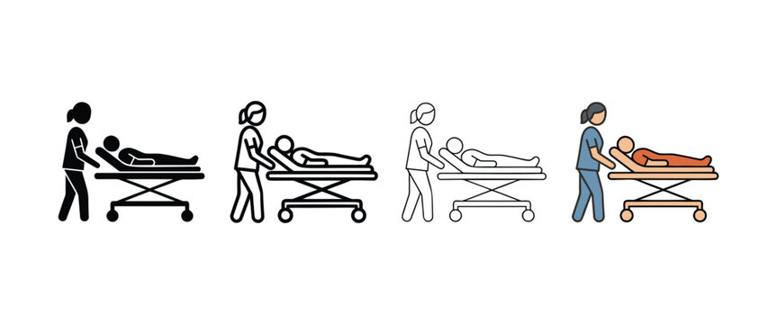 Healthcare professional pushing a patient on a medical gurney in different icon styles