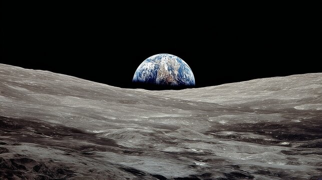 Earth rising above the moon's rugged surface with dramatic lunar landscape, glowing blue planet on the horizon, deep space astronomy, celestial exploration, cosmic science background, planetary discov