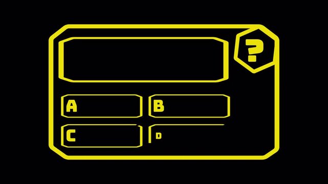 Yellow outlined quiz panel template with four answer choices and a question badge appears on black.
