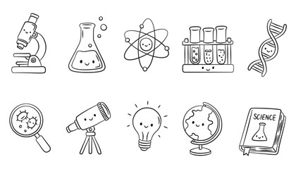Obraz premium Hand Drawn Science Education Doodle Icon Set Microscope Atom DNA Laboratory and STEM Learning Sketch Vector Collection