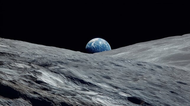 Earth rising above the moon's rugged surface with dramatic lunar landscape, glowing blue planet on the horizon, deep space astronomy, celestial exploration, cosmic science background, planetary discov