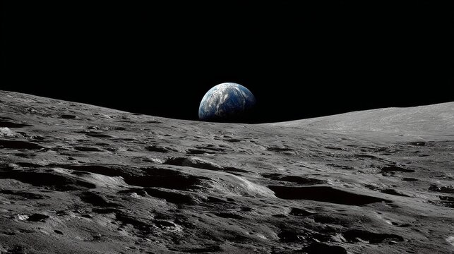Earth rising above the moon's rugged surface with dramatic lunar landscape, glowing blue planet on the horizon, deep space astronomy, celestial exploration, cosmic science background, planetary discov