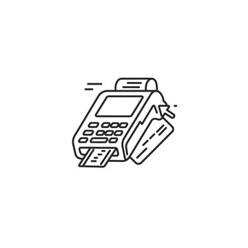 Payment terminal illustration showing card reader and receipt printer for transactions.