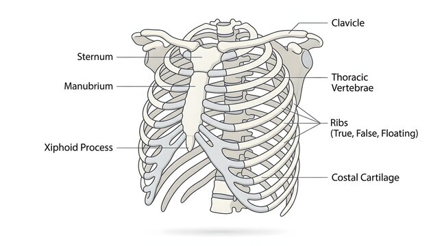 Human ribcage anatomy, labeled diagram, skeletal system, medical illustration