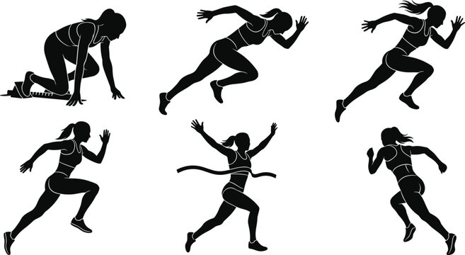 Female Runner Silhouette Icon Set Featuring Woman Athlete in Starting Blocks Sprinting Running Poses and Crossing the Marathon Finish Line