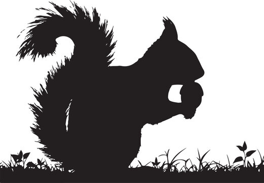 Squirrel silhouette eating a nut, standing on grass black