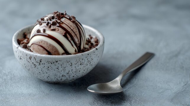Galaxy inspired dessert sphere in bowl with spoon on grey background, creative molecular gastronomy sweet, cosmic chocolate dome, modern gourmet food photography, space themed dessert concept, elegant
