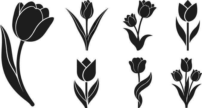 Black Tulip Flower Silhouette Vector Icon Set Featuring Elegant Botanical Stems Buds and Leaves for Minimalist Logo Design and Floral Patterns