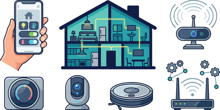 Smart Home Automation Vector Set with House Cross Section Smartphone App Control Wifi Router Thermostat Security Camera and Robot Vacuum Cleaner