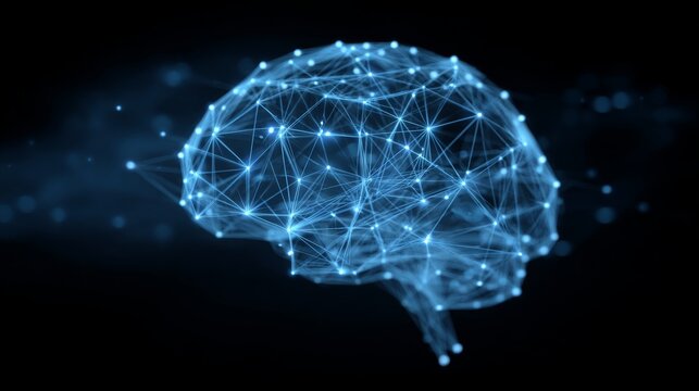 Glowing digital brain with connected neural network nodes on dark background, futuristic artificial intelligence visualization, machine learning, deep learning, data science, digital connectivity, adv