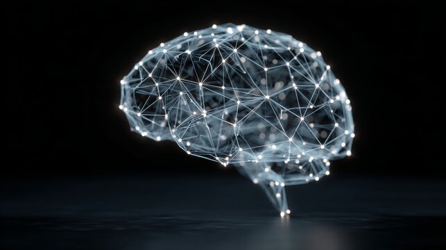 Glowing digital brain with connected neural network nodes on dark background, futuristic artificial intelligence visualization, machine learning, deep learning, data science, digital connectivity, adv