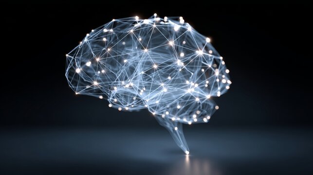 Glowing digital brain with connected neural network nodes on dark background, futuristic artificial intelligence visualization, machine learning, deep learning, data science, digital connectivity, adv