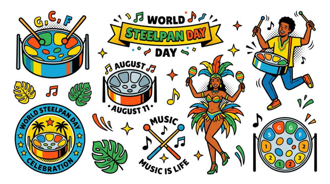 World Steelpan Day Illustration with Caribbean Musical Instrument, Tropical Percussion, and Artistic Musical Notes for August 11th Celebration