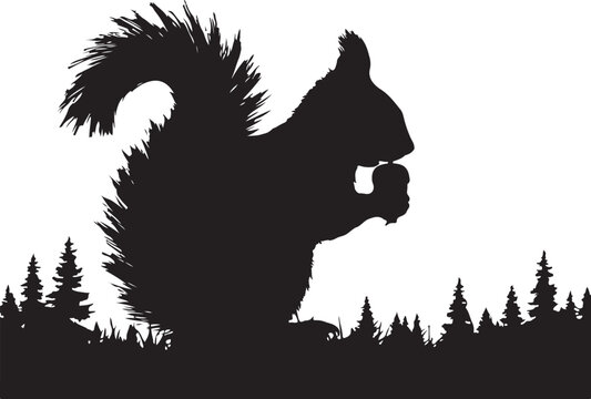 Squirrel silhouette, eating an acorn, against a forest black