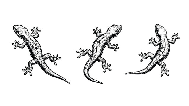 Three detailed illustrations of geckos in different poses on a white background.