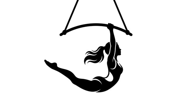 Silhouette of a female aerialist performing on a lyra hoop against a white background