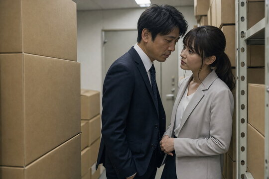 職場の倉庫で密かに話す二人