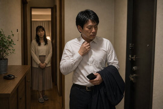 深夜帰宅して襟を直す夫を見る妻