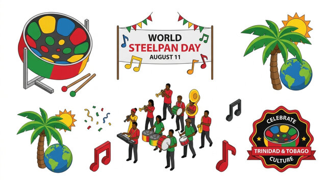 Vibrant World Steelpan Day Vector Illustration Featuring Traditional Caribbean Drums and Mallets for August 11th Celebration